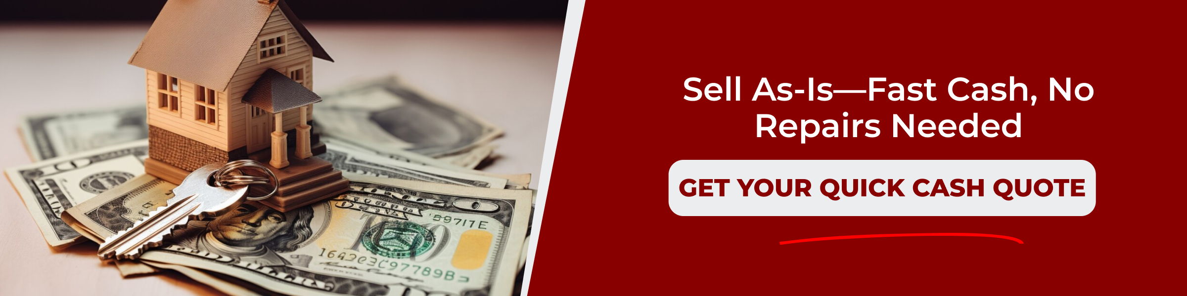 Miniature house model on cash bills with keys, promoting selling fire-damaged homes as-is for fast cash offers without repairs needed.