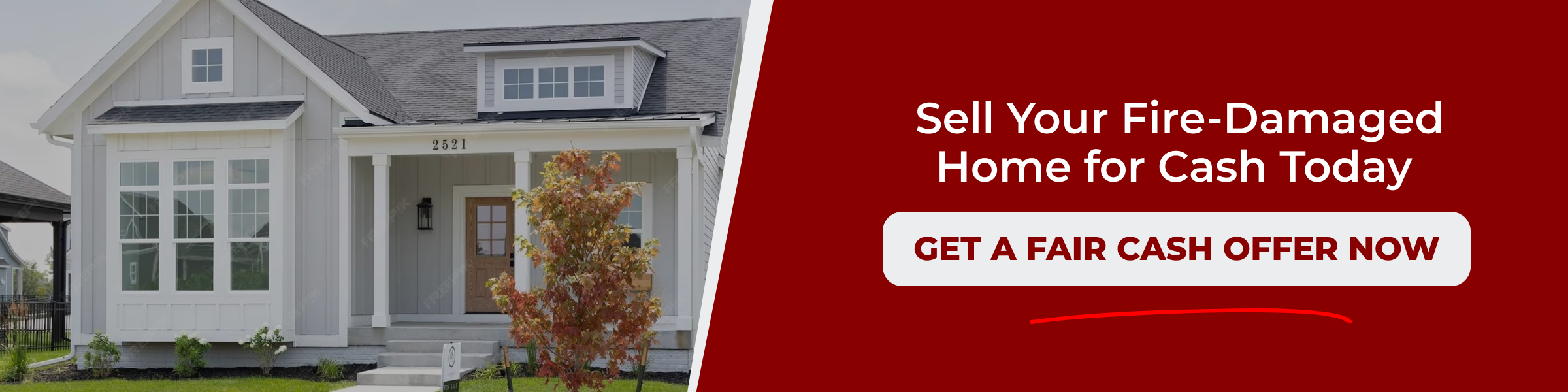 Fire-damaged home with "Sell Your Fire-Damaged Home for Cash Today" text, promoting quick cash offers for damaged properties in Arizona.