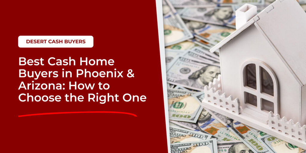 White house model on cash background illustrating cash home buyers Phoenix Arizona and fast home sale options.