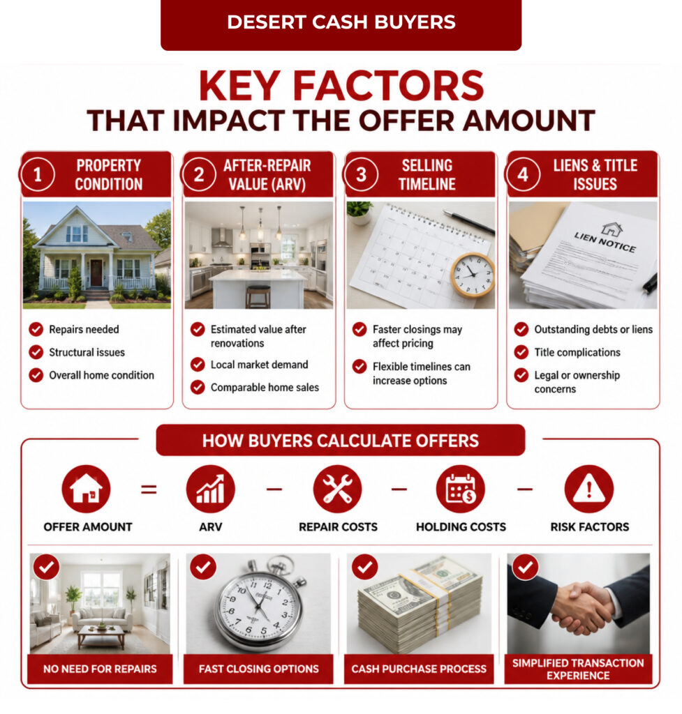 Infographic showing factors affecting cash home buyers Phoenix Arizona offers, including condition, value, timeline, and liens.