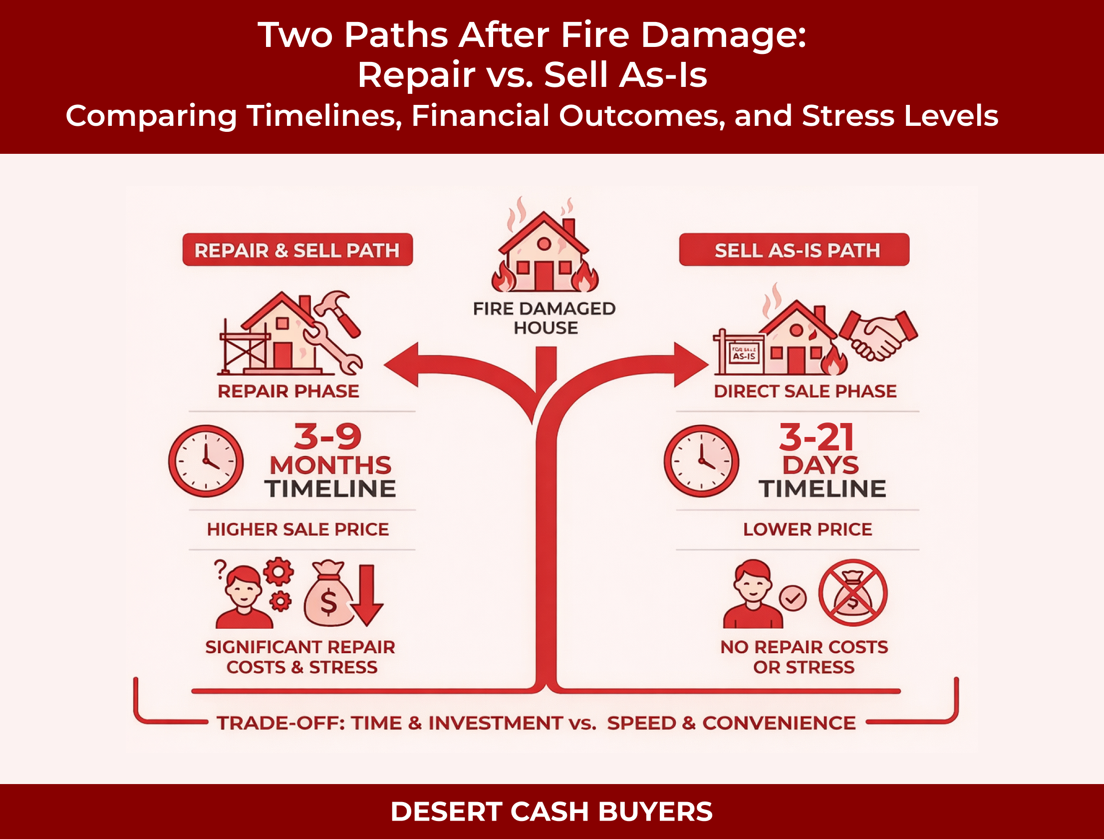 Two paths after fire damage infographic comparing repair and sell as-is options, highlighting timelines, financial outcomes, and stress levels, with emphasis on repair phase (3-9 months, higher sale price, significant costs) versus direct sale phase (3-21 days, lower price, no repair costs), branded by Desert Cash Buyers.