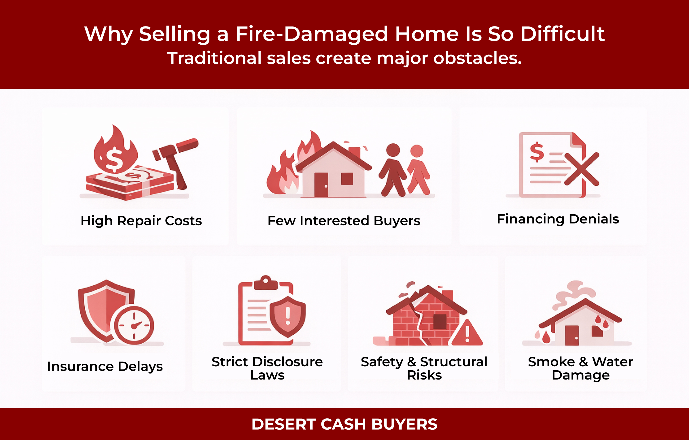 Infographic illustrating challenges of selling fire-damaged homes, including high repair costs, limited buyer interest, financing denials, insurance delays, strict disclosure laws, safety risks, and smoke/water damage, branded by Desert Cash Buyers.