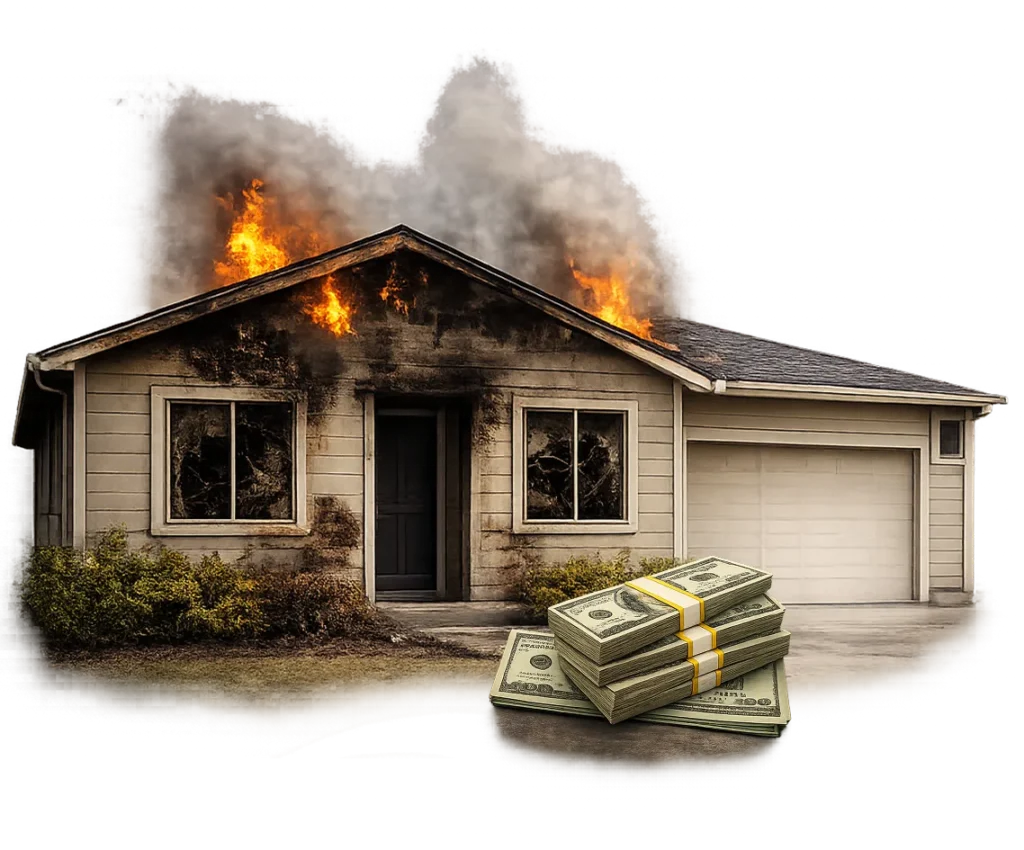 Fire-damaged house with smoke and flames, showcasing a cash stack in front, symbolizing quick cash sale for damaged properties.