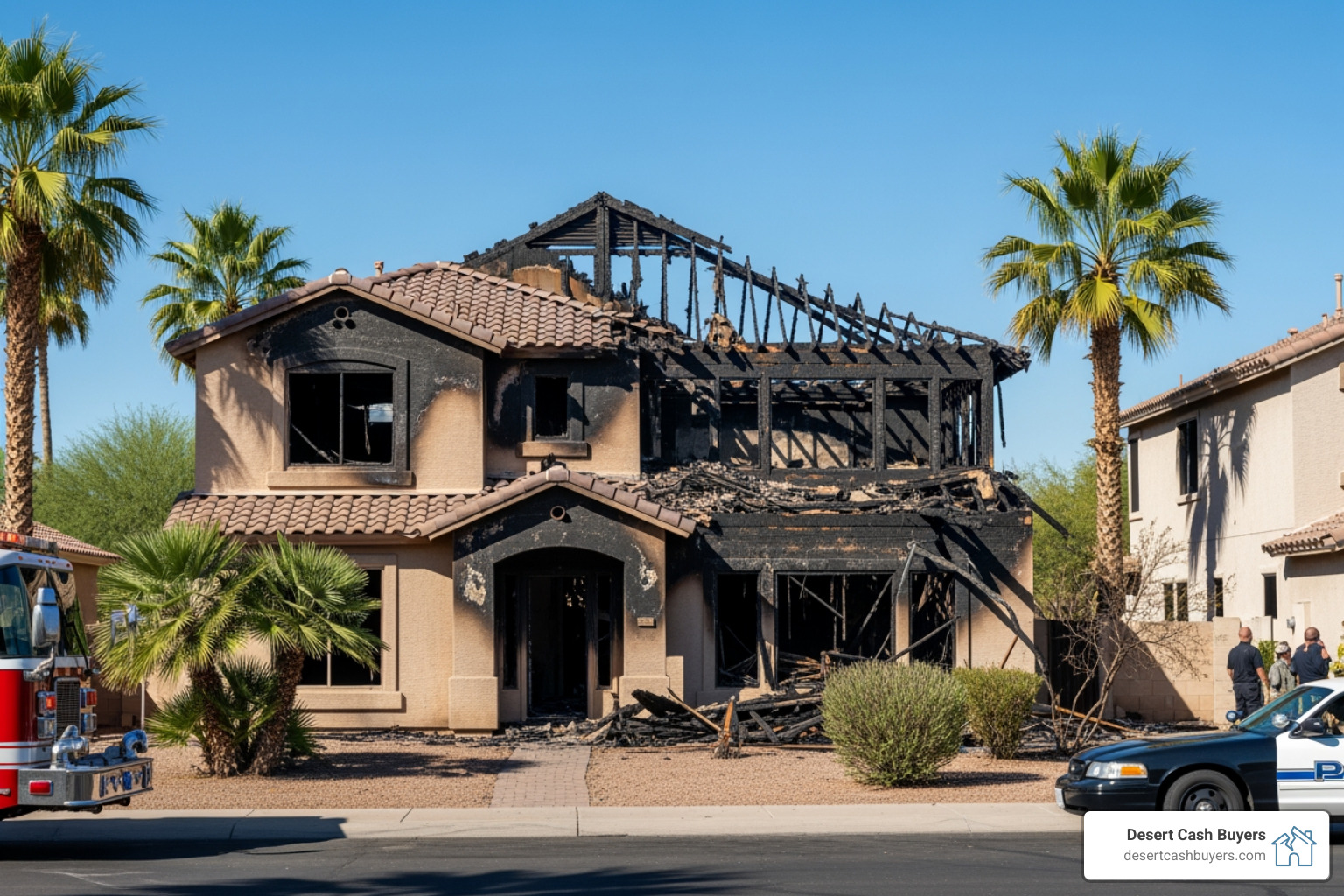 Fire-damaged house with charred exterior and missing roof, surrounded by palm trees, showcasing the impact of fire damage relevant to homeowners considering as-is cash sales.