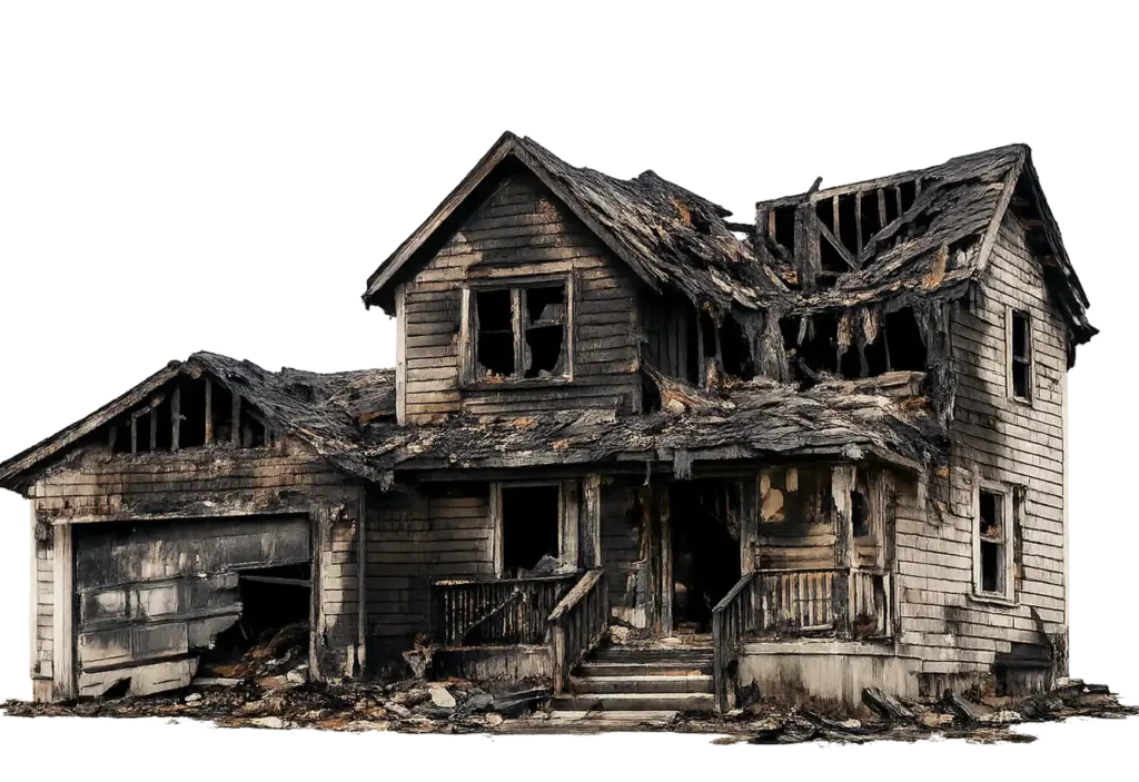 Burned and damaged house with charred exterior, broken windows, and missing roof sections, representing a fire-damaged property for sale as-is in Arizona.