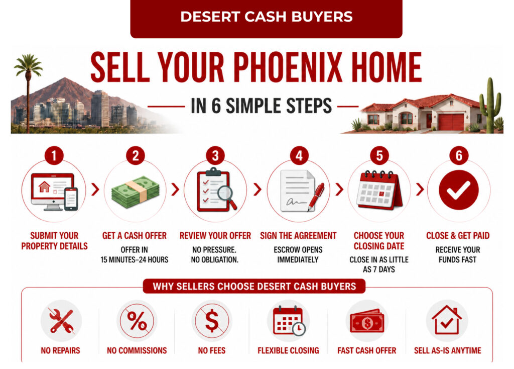 Infographic showing six steps to sell home fast Phoenix, from cash offer request to closing and getting paid fast.
