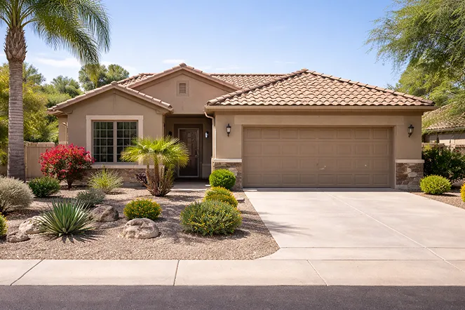Desert-style home in Scottsdale, Arizona, featuring a landscaped yard with palm trees, shrubs, and a two-car garage, representing properties sold by Desert Cash Buyers.