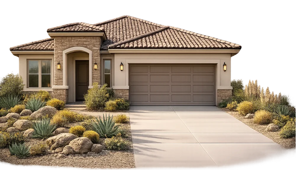 Local Scottsdale home exterior with a desert landscape, featuring a single-story house, stone accents, and a two-car garage, representing trusted cash home buying services.