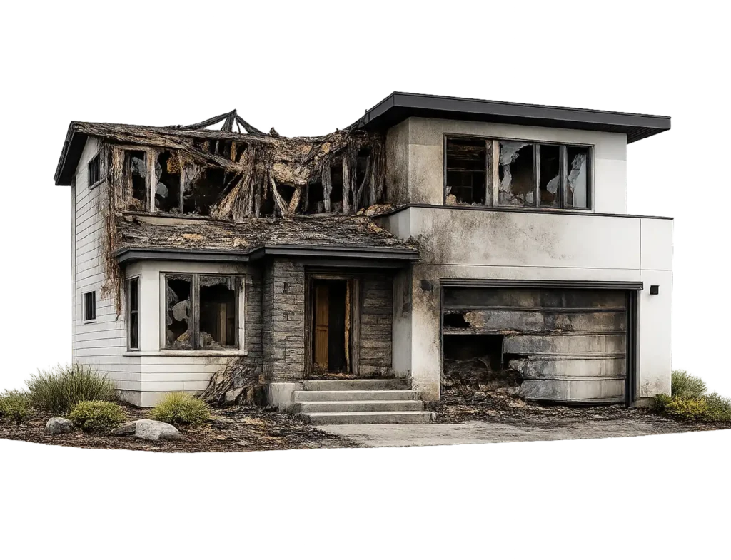 Fire-damaged house with extensive structural damage, charred exterior, broken windows, and visible signs of smoke and water damage, illustrating the challenges of selling a home as is after a fire.