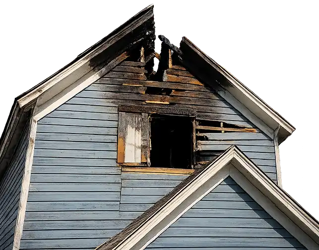Fire-damaged home exterior with charred wood, compromised framing, and an open window, illustrating the hidden issues and restoration challenges faced by homeowners.