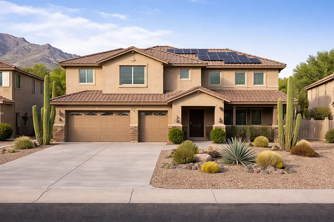Modern Scottsdale home with solar panels, desert landscaping, and a spacious driveway.