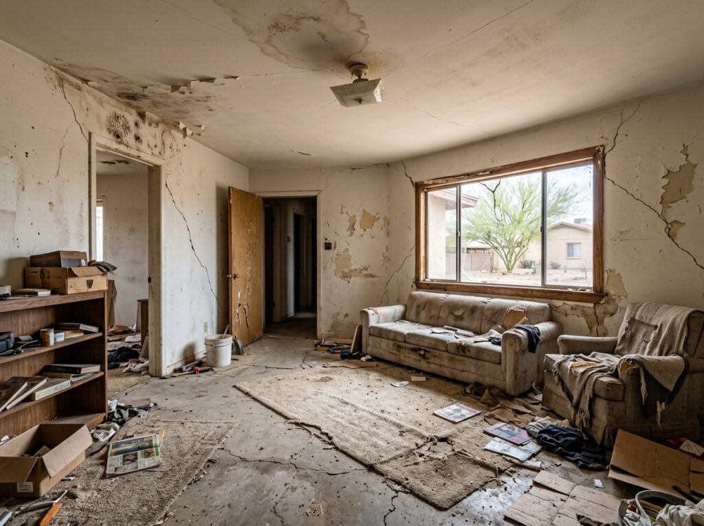 Damaged interior showing cracked walls, peeling paint, and debris representing sell house as is in Arizona without repairs or renovations