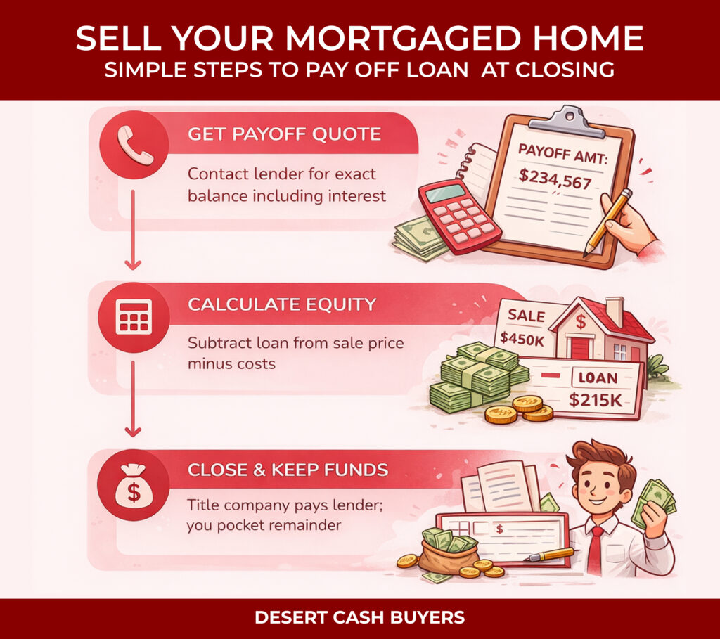 Can I sell a house that is not paid off infographic showing payoff quote, equity calculation, and closing process to keep sale funds