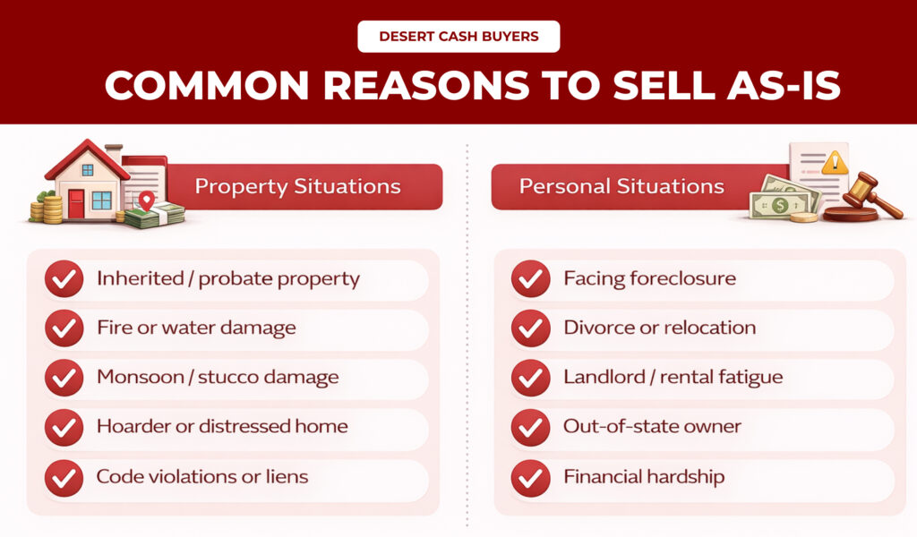 Sell house as-is Arizona reasons showing property damage, foreclosure, relocation, and financial hardship situations for fast home sale
