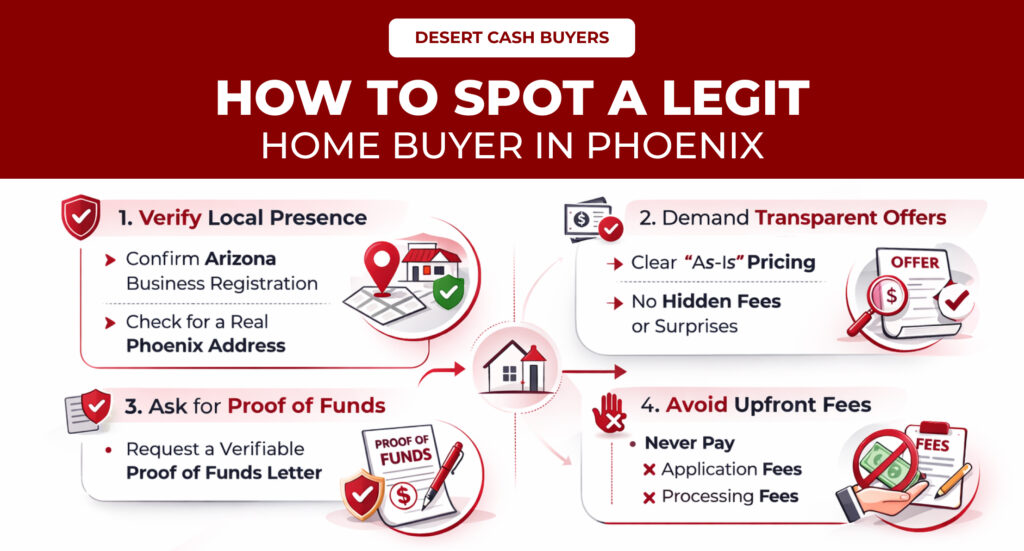 Legitimate home buyers in Phoenix infographic showing steps like verifying local presence, proof of funds, transparent offers, and no upfront fees