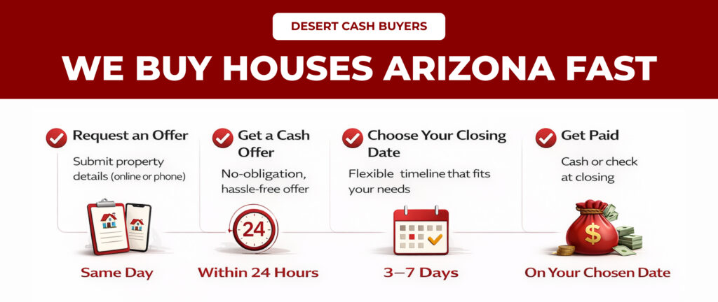 We buy houses Arizona fast process showing steps from request offer to getting paid with cash home sale timeline and simple process overview