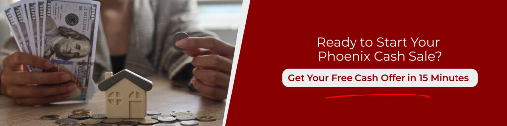 Person holding cash and coins with house model showing How Long Does It Take to Sell a House for Cash in Phoenix quick offer process