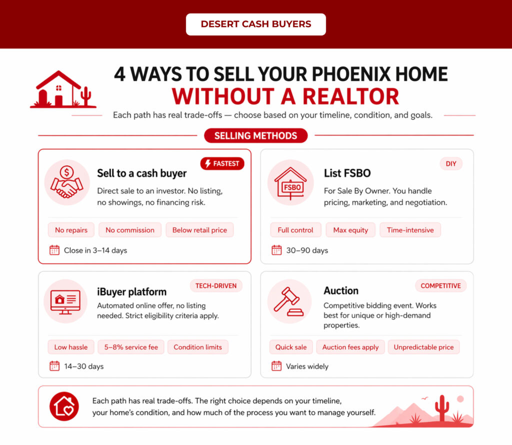 How to Sell Your Phoenix Home Without a Realtor infographic showing four selling options including cash buyer FSBO iBuyer and auction methods