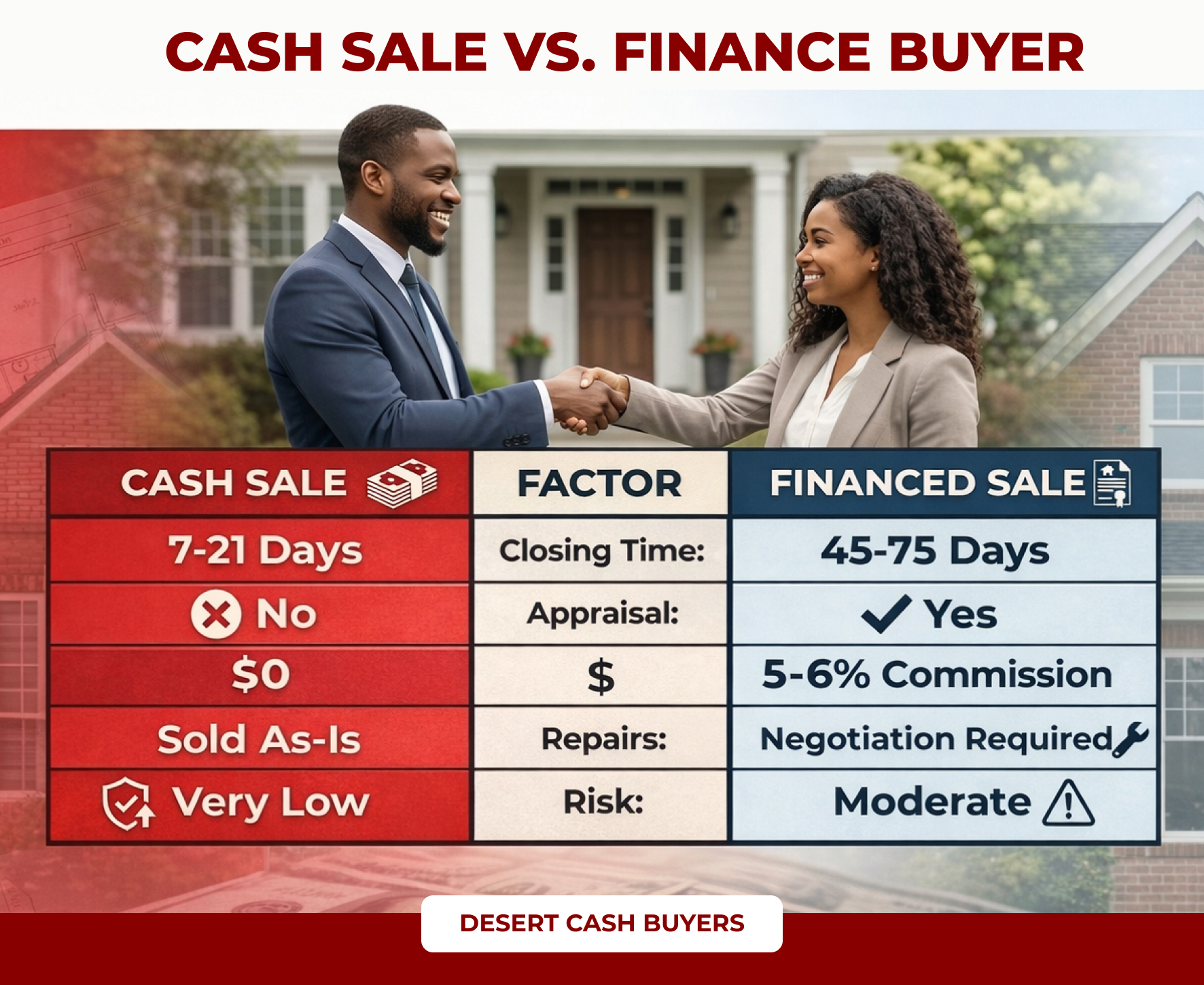 Sell House for Cash Arizona comparison chart showing faster closing, no appraisal, lower risk versus financed buyer delays