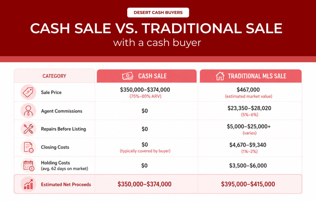 Comparison chart showing how much do cash buyers pay for houses in Phoenix versus traditional sale costs, fees, and net proceeds