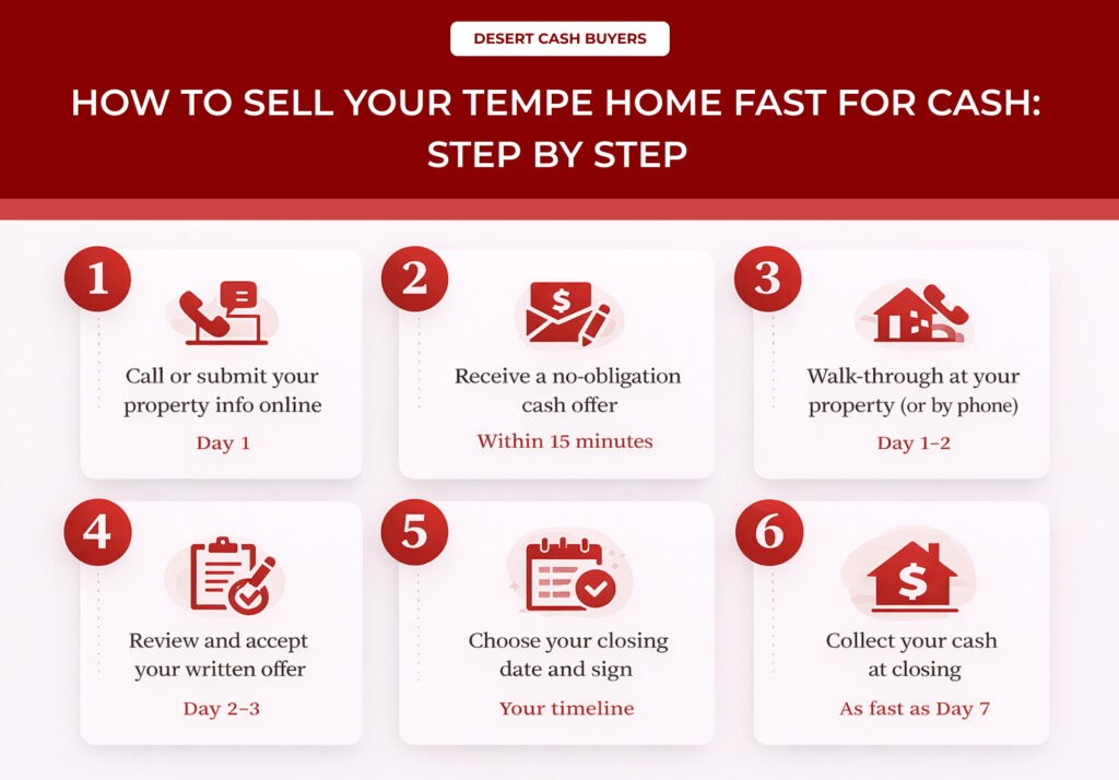 Step by step infographic showing Sell House Fast Tempe AZ process from offer to closing with quick cash timeline