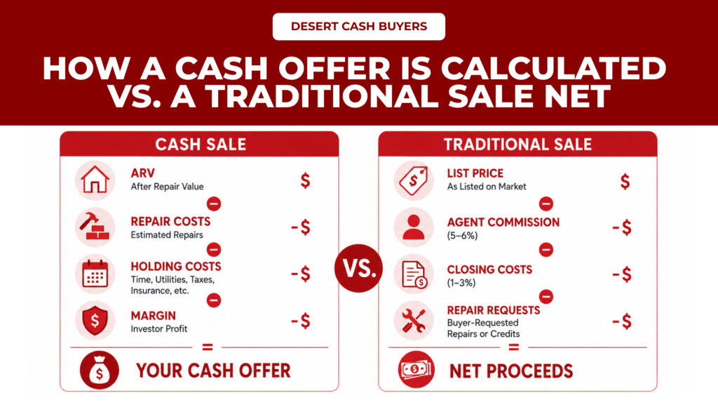 How a cash offer is calculated vs. a traditional sale net showing repair costs, commissions, and proceeds.