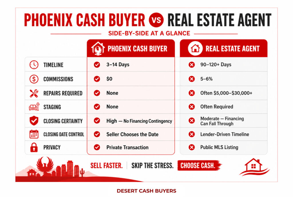 Infographic comparing Phoenix Cash Buyer vs Real Estate Agent timelines, costs, repairs, and closing process side by side