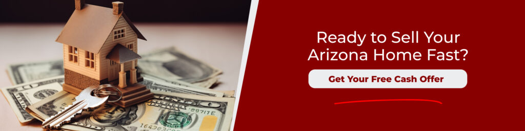 Model house, keys, and cash promoting how to sell a house quickly in Arizona with a fast cash offer and simple closing process.