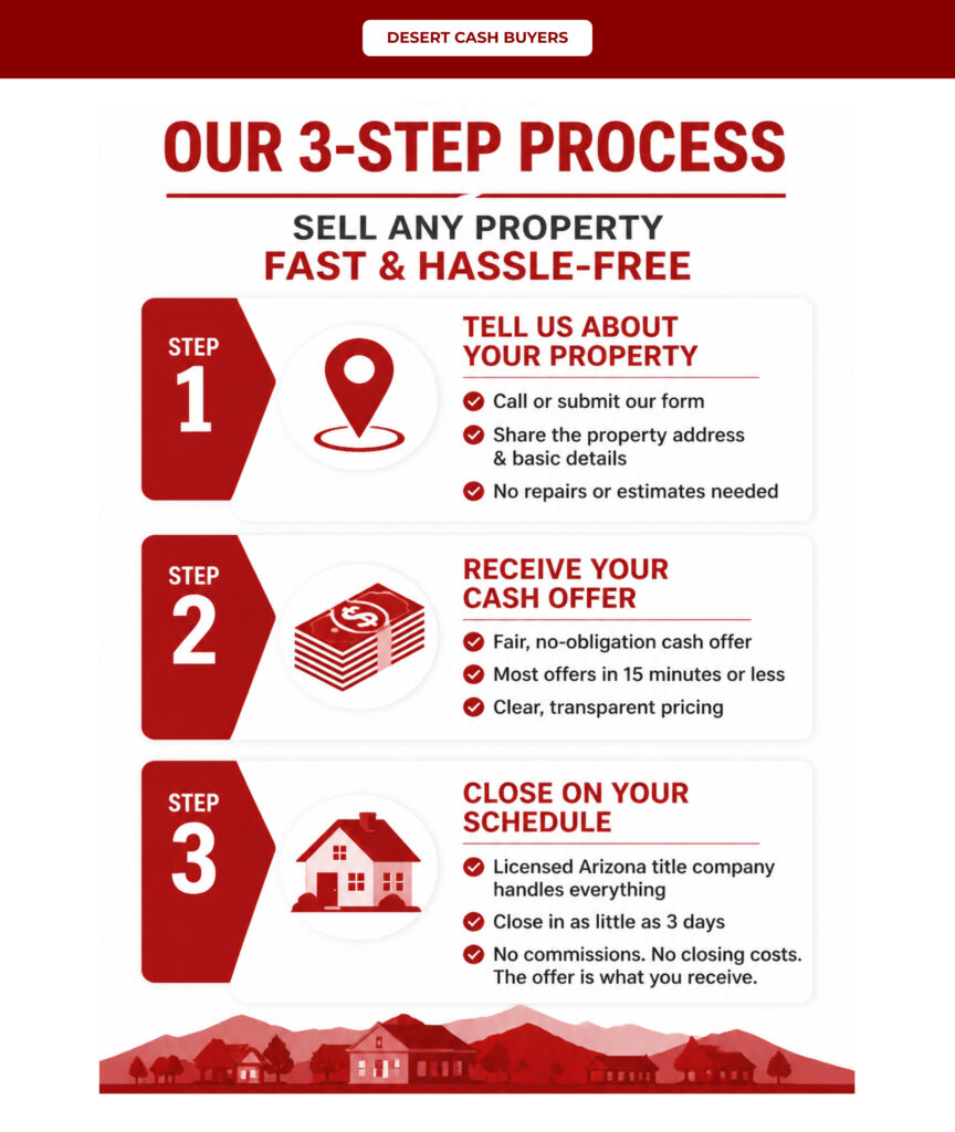 Infographic showing a simple 3-step home selling process with selling property fast in Arizona tips for quick cash offers.