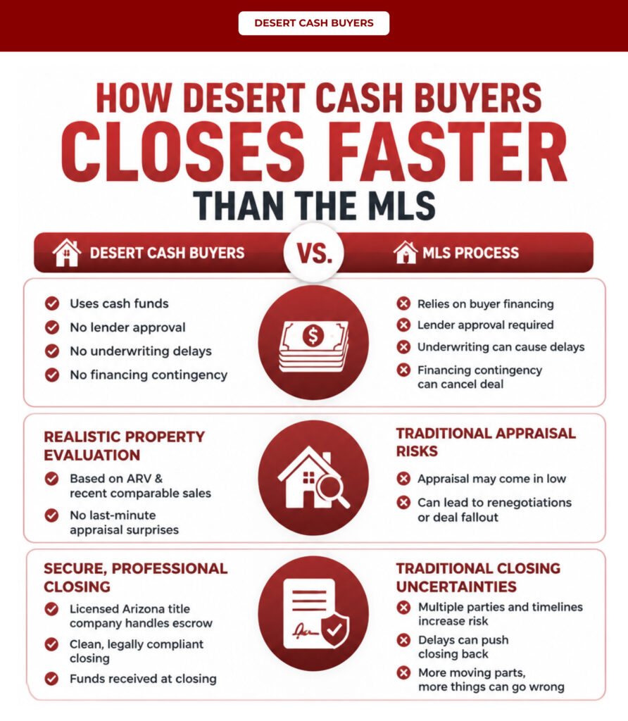 Infographic comparing Desert Cash Buyers and the MLS process, explaining how to sell a house quickly in Arizona with cash offers.