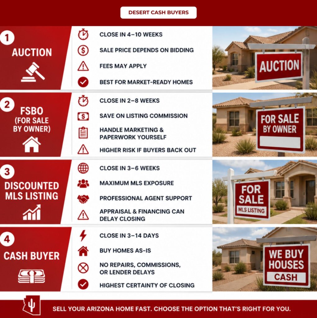 Arizona Quick Home Sale Options Comparison Infographic comparing arizona quick home sale options including auction, FSBO, MLS listing, and cash buyer methods.