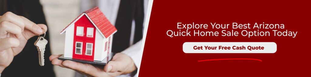 Explore Arizona Quick Home Sale Options Today Person holding house keys beside a model home promoting Arizona quick home sale options with a free cash quote offer.