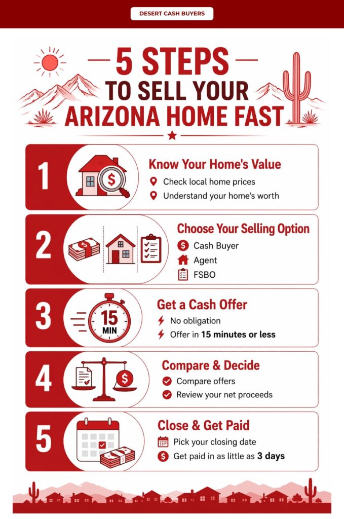 5 Steps to Sell Your Arizona Home Fast Infographic showing the steps to sell a home fast in Arizona, from valuing your home to closing and getting paid quickly.