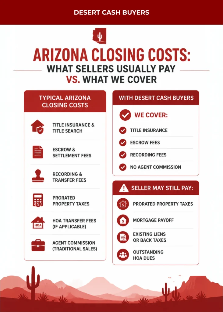 Arizona closing costs for sellers explained, comparing typical fees with costs covered by Desert Cash Buyers in Arizona.
