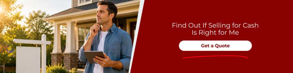 Homeowner outside a house comparing options to decide if selling for cash is right after learning how is a cash offer calculated.
