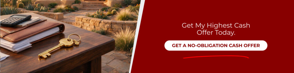 Keys, paperwork, and a cash offer message promoting legitimate cash home buyers Arizona with a no-obligation offer.
