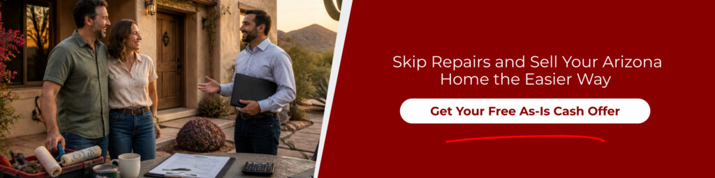 Homeowners meeting a cash buyer to sell house as-is Arizona without repairs, highlighting a fast and hassle-free sale.
