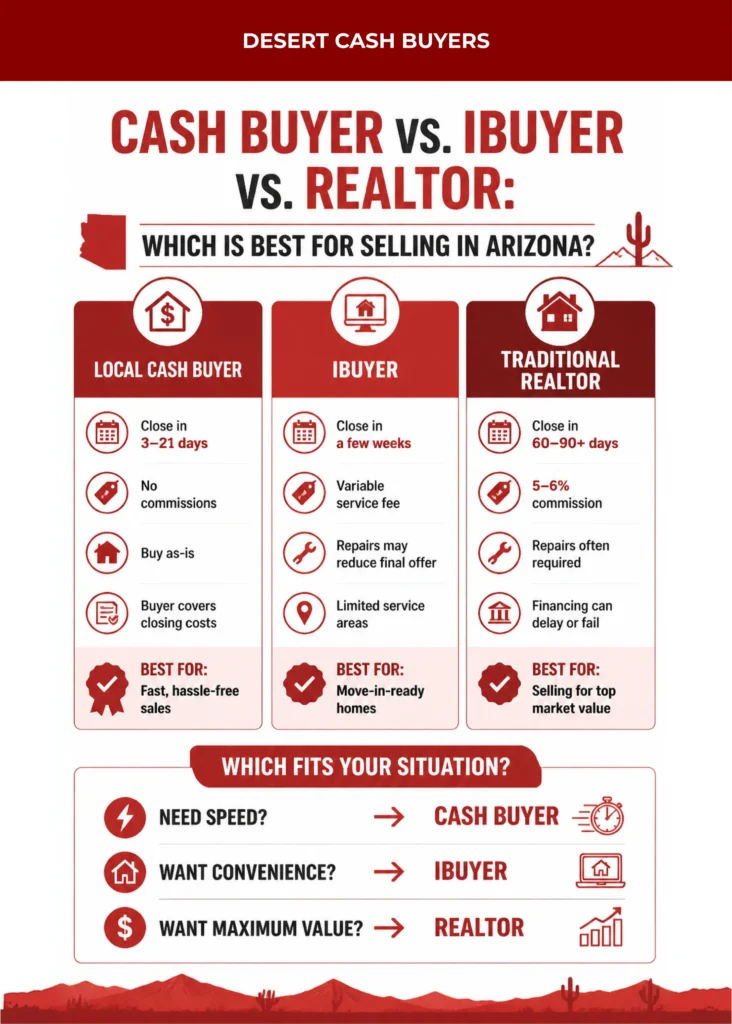 Infographic comparing cash buyers vs iBuyers Arizona and realtors by speed, costs, repairs, and best selling options.