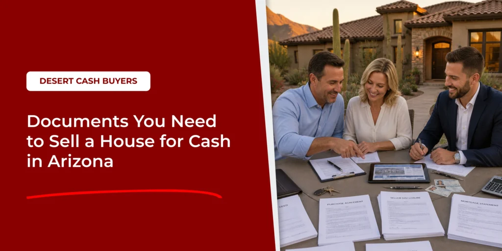 Homeowners reviewing documents to sell house for cash Arizona with a buyer, including deed, disclosures, and ID.