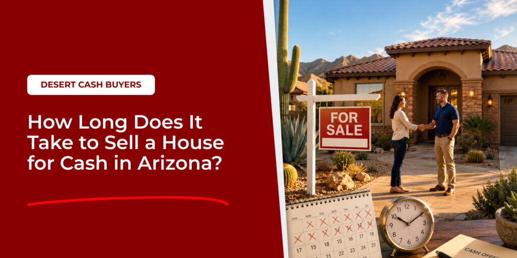 Illustration of a cash home sale in Arizona showing a handshake, for-sale sign, calendar, and clock for how long to sell a house for cash in Arizona.