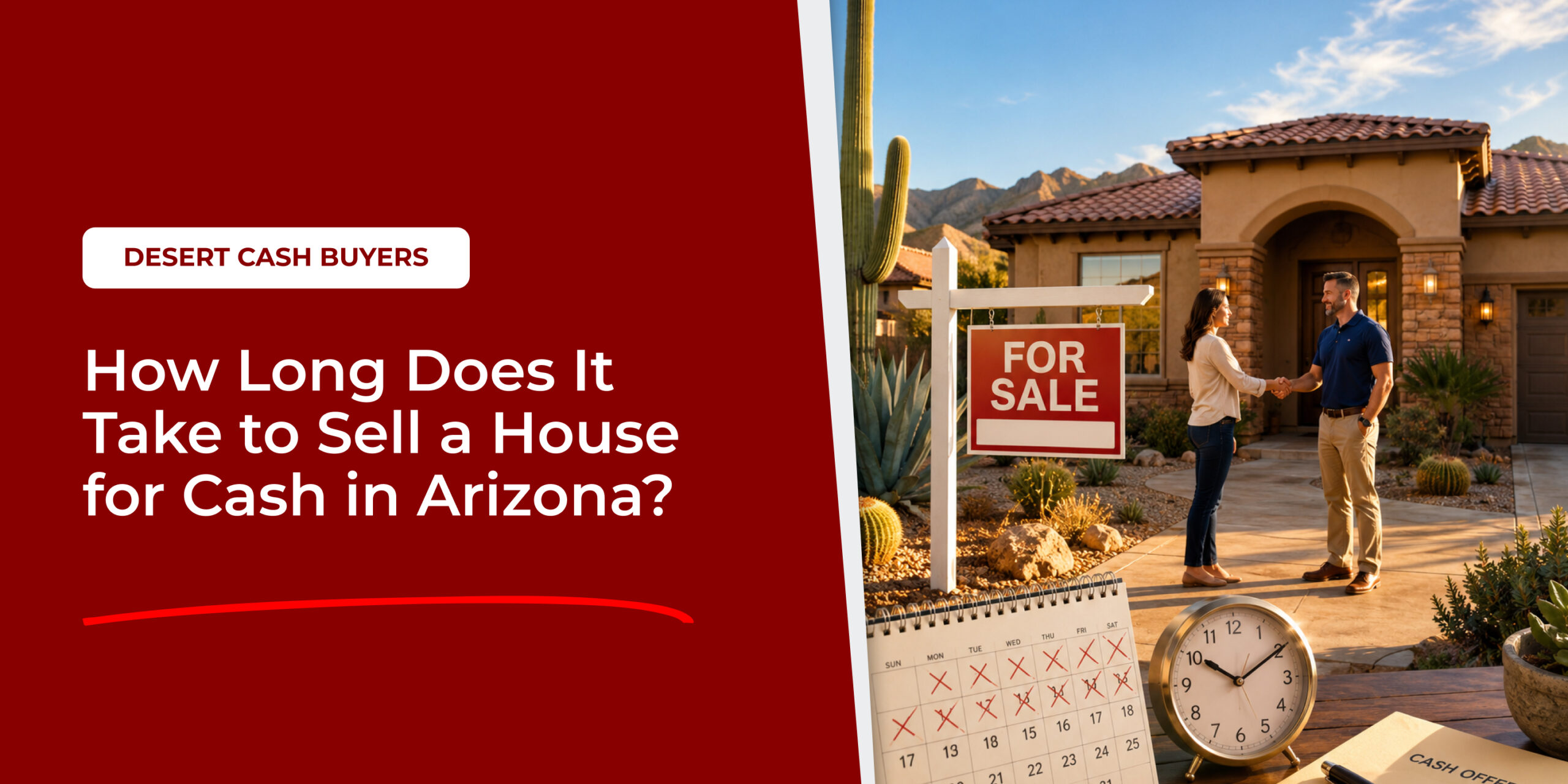 Illustration of a cash home sale in Arizona showing a handshake, for-sale sign, calendar, and clock for how long to sell a house for cash in Arizona.