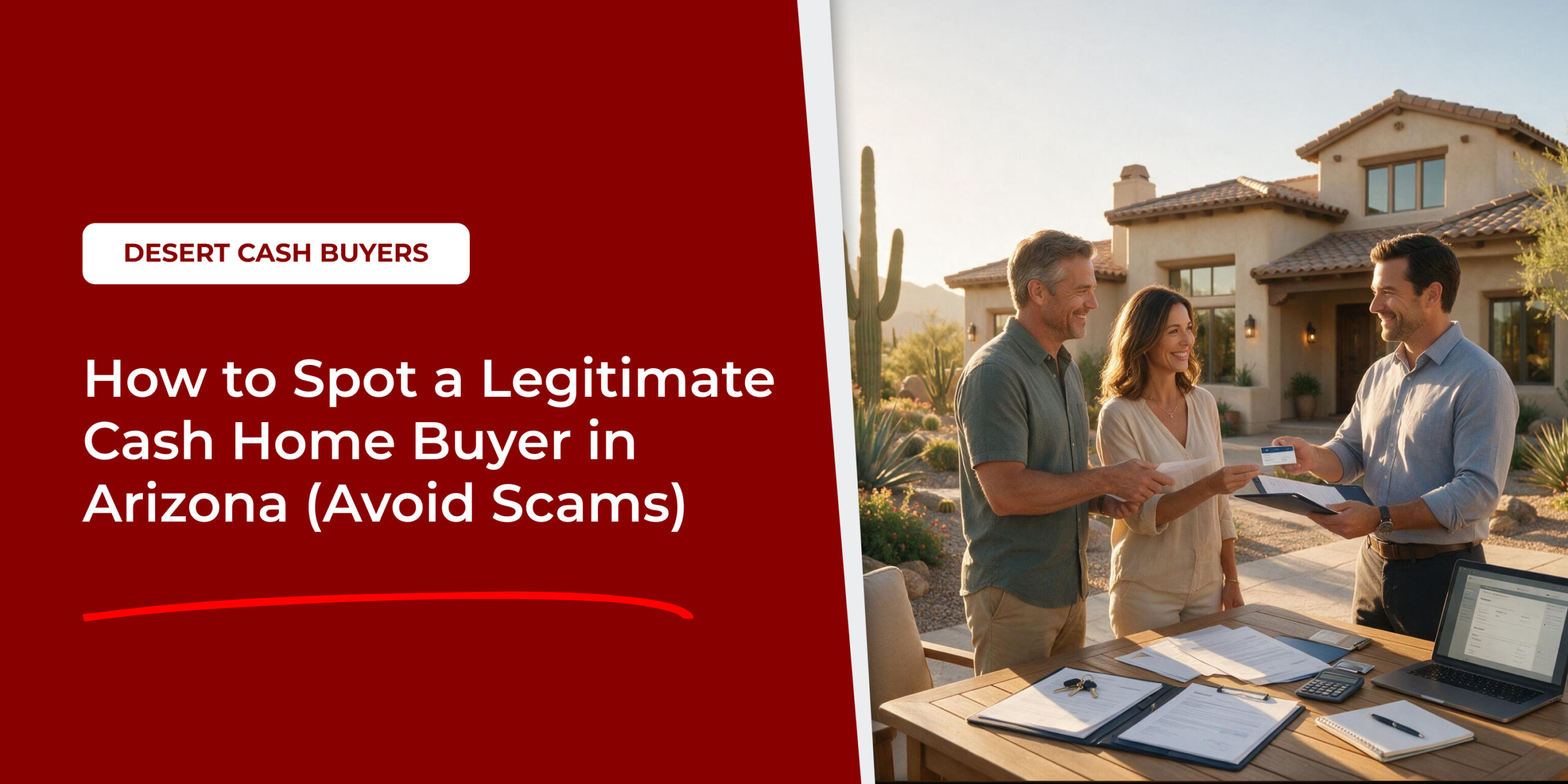 Homeowners reviewing documents with a buyer, showing how legitimate cash home buyers Arizona complete transparent sales.