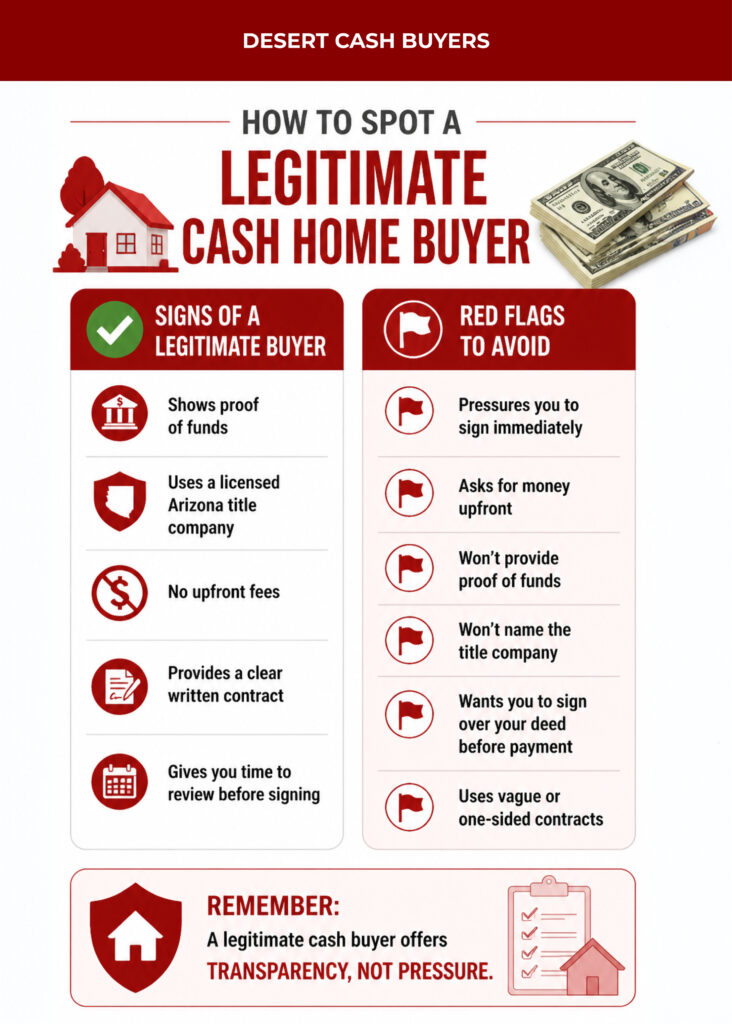 Infographic showing signs and red flags of legitimate cash home buyers Arizona to help homeowners avoid scams.