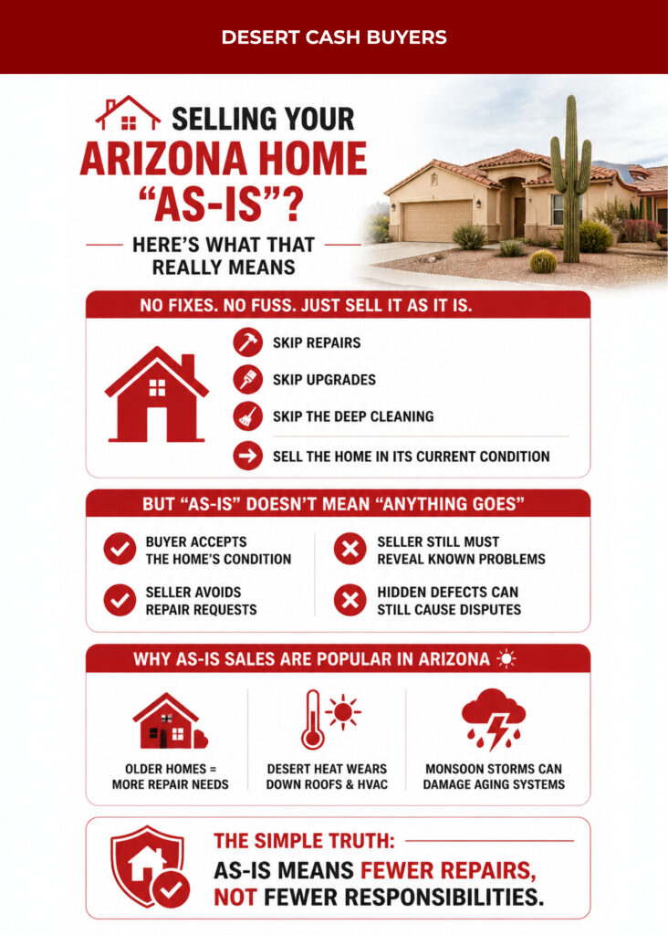 Infographic explaining how to sell house as-is Arizona, covering disclosures, repairs, buyer expectations, and seller duties.