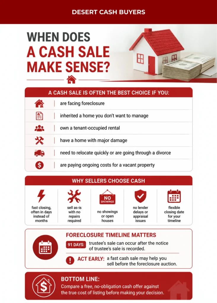 Infographic explaining when selling house for cash a good idea, including benefits, timelines, and ideal situations.