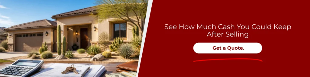 Banner about taxes selling house for cash Arizona showing a desert home, calculator, keys, paperwork, and a cash offer quote CTA.