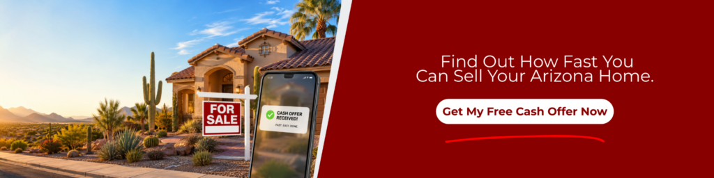 Get a Free Cash Offer for Your Arizona Home Arizona home with a for-sale sign and cash offer notification, encouraging homeowners wondering how long to sell house for cash Arizona.
