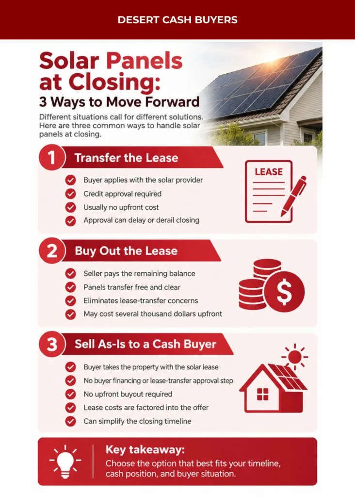 Infographic detailing three ways to move forward when you sell house with leased solar panels Arizona at closing.