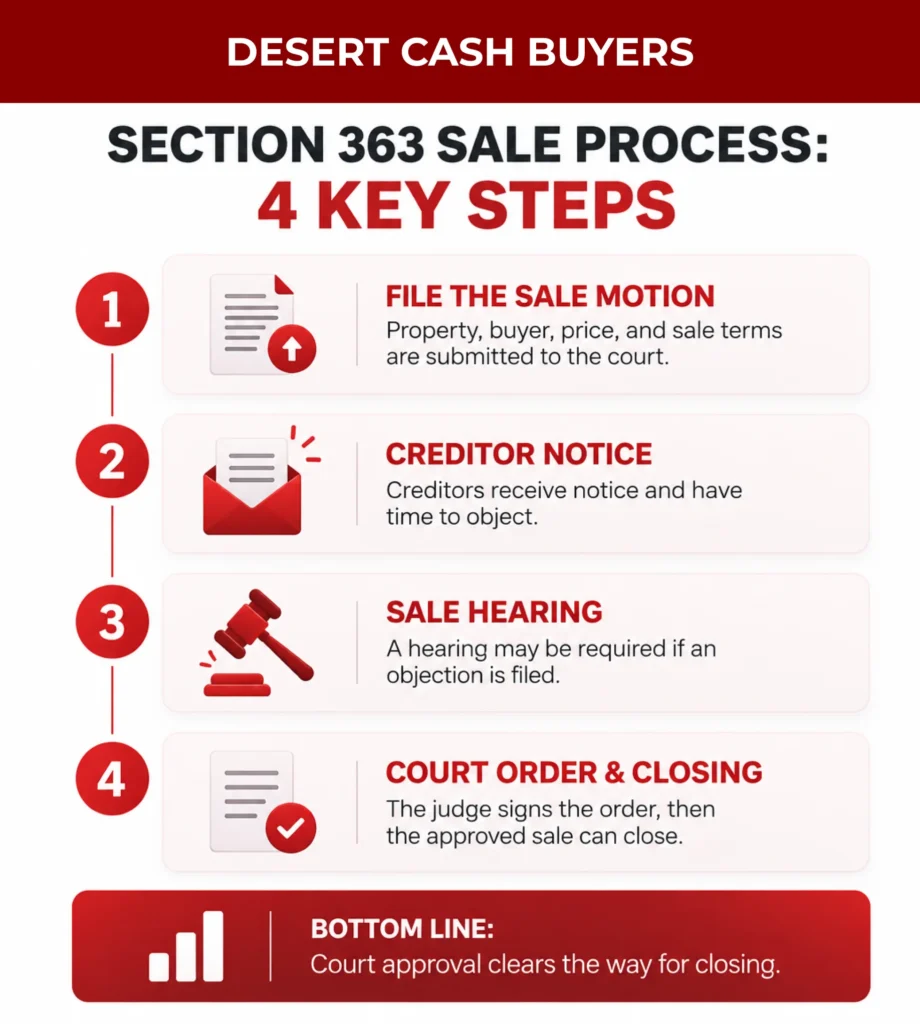 Section 363 sale process showing four key steps, from filing the sale motion to creditor notice and closing.