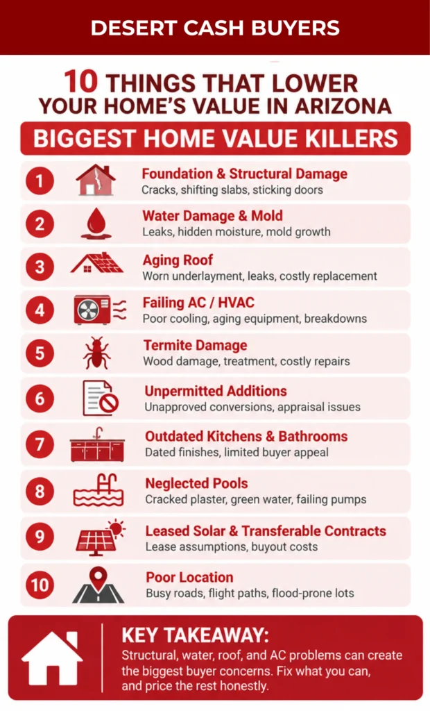 Infographic explains what devalues a house in Arizona, covering structural damage, water leaks, aging roofs, termites, and outdated features.